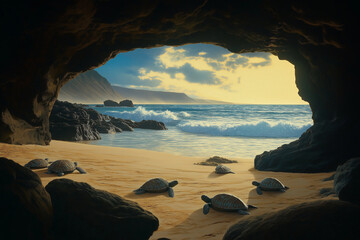 Two sea turtles resting on a beach with a sea cave and sunrise in the background.