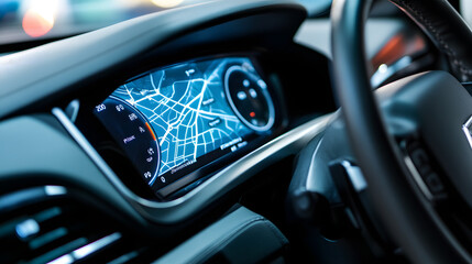  Close-up of a car dashboard featuring a detailed digital map display, providing a sophisticated navigation experience. Perfect for illustrating smart vehicle technology.