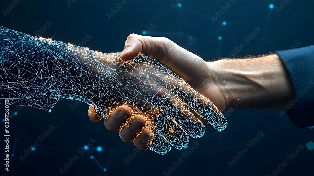 Poster glowing mesh lines highlighting a handshake symbolizing the digital connection partnership and betwe