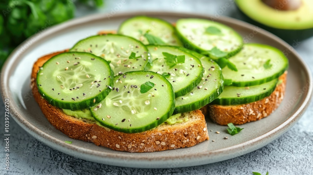 Poster a plate of healthy avocado toast with sliced cucumbers showcasing a simple and clean food compositio