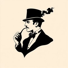 A silhouette of a man in a top hat and bow tie, smoking a pipe.