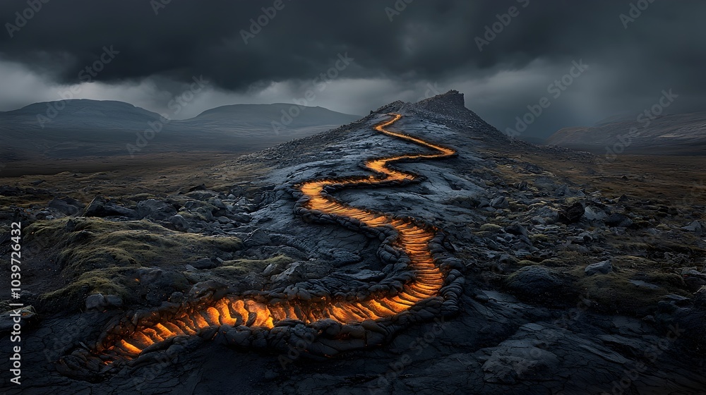 Fototapete glowing mesh lines outlining the dynamic path of molten lava flowing down the volcanic landscape cre