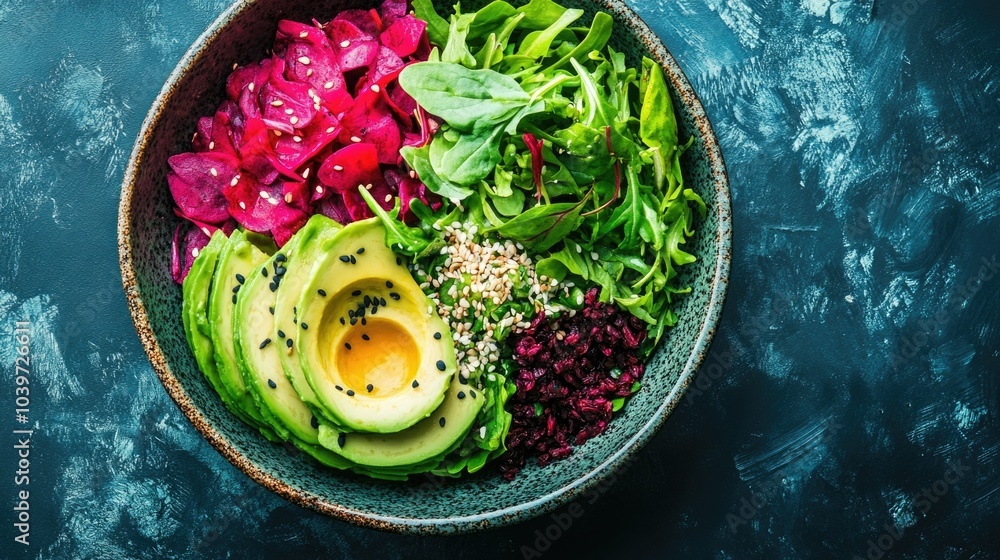 Poster visually appealing salad bowl filled with an array of fresh colorful greens and sliced avocados show
