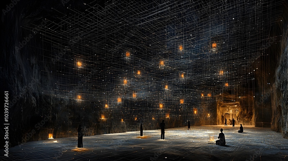 Poster Glowing mesh lines tracing and illuminating the intricate statues and sacred offerings within the interior of an ancient mystical temple structure  A futuristic digital rendering of a surreal