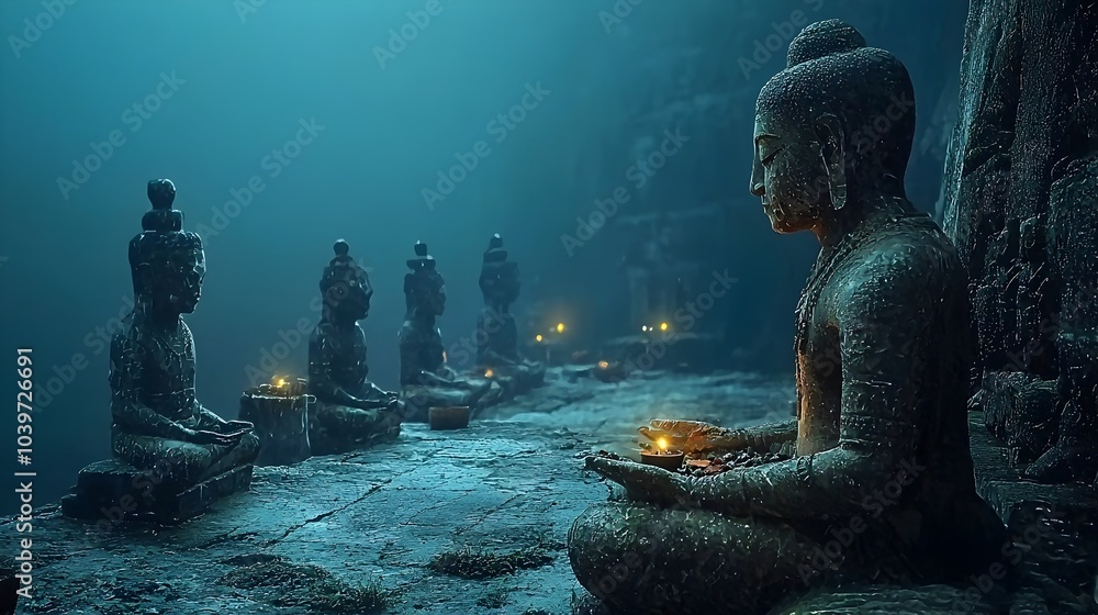 Leinwandbilder Glowing mesh lines tracing and outlining the forms of ancient temple statues and ceremonial offerings creating a digital futuristic and mystical atmosphere within the sacred structure
