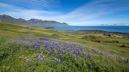 Breathtaking landscape of stokksnes cape in iceland on a beautiful sunny day, showcasing vibrant lupine flowers blooming against a backdrop of dramatic mountains and clear blue skies
