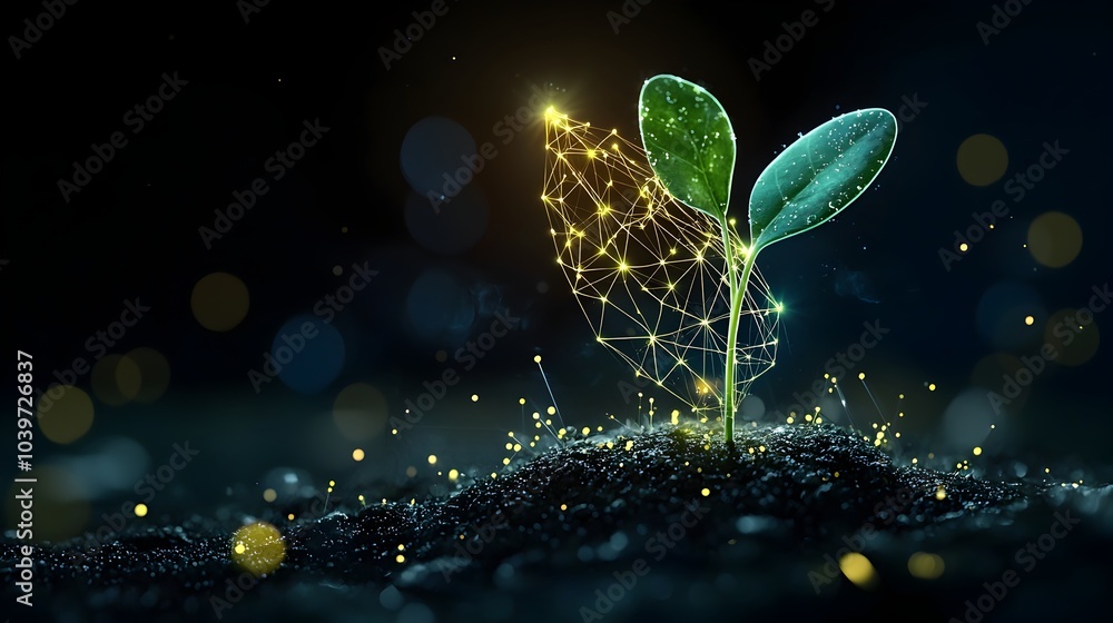 Poster glowing mesh lines tracing the dynamic growth and emergence of a sprouting seedling from the soil sh
