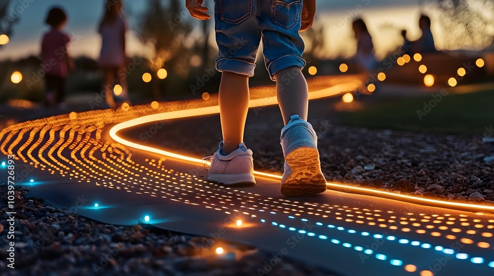 Leinwandbilder Glowing mesh lines tracing the path of children playing on a vibrant futuristic style playground creating a dynamic abstract and technologically inspired visual experience