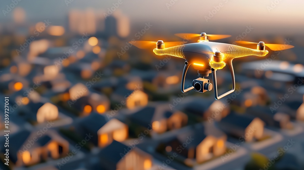 Poster glowing mesh lines trailing from a drone as it flies over a sleek contemporary neighborhood at night