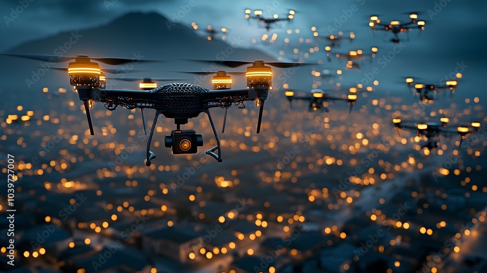 Poster glowing mesh lines trailing from a drone flying over a modern futuristic neighborhood at night creat
