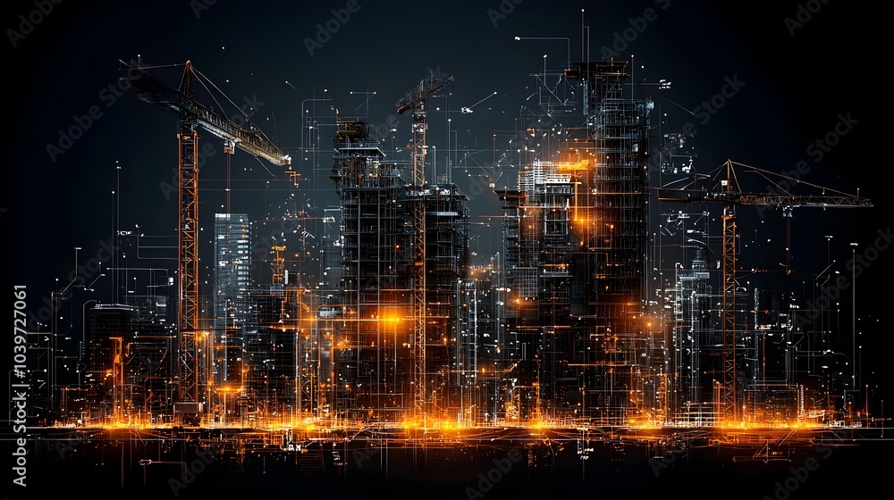 Poster glowing mesh lines overlaying the silhouettes of construction cranes against a futuristic urban skyl