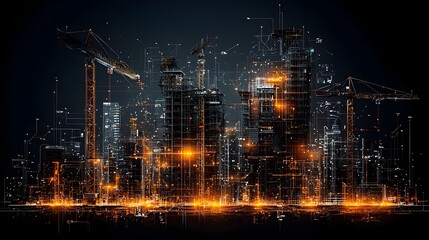 Glowing mesh lines overlaying the silhouettes of construction cranes against a futuristic urban skyline creating a digital abstract and technologically advanced visual concept