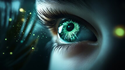  A tight shot of an eye revealing a luminous green iris at its core