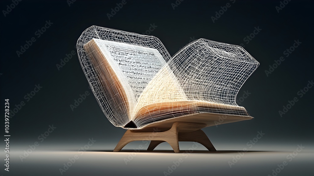 Aufkleber Glowing mesh outline of an open Islamic holy book the Quran floating on a minimalist stand  This digital 3D represents the sacred text with a modern abstract and technological aesthetic