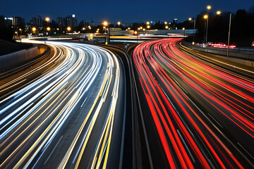 Mesmerizing light trails in futuristic night landscapes with vibrant energy flows, neon cityscapes, and abstract motion paths creating dynamic visuals for creative designs.