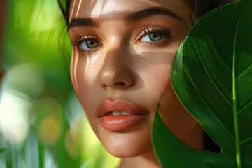 Luxury portrait of young woman with natural makeup and leaf. Spa  wellness  skincare.