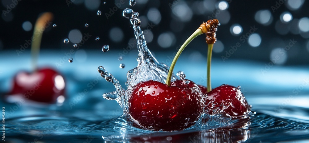Poster two red cherries splashing in water with bokeh background.