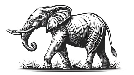 Fototapeta premium Elegant minimalist sketch of an elephant standing with its trunk slightly lifted, minimalist style on a white background, flowing linework capturing its grace and strength, hd quality, natural look,