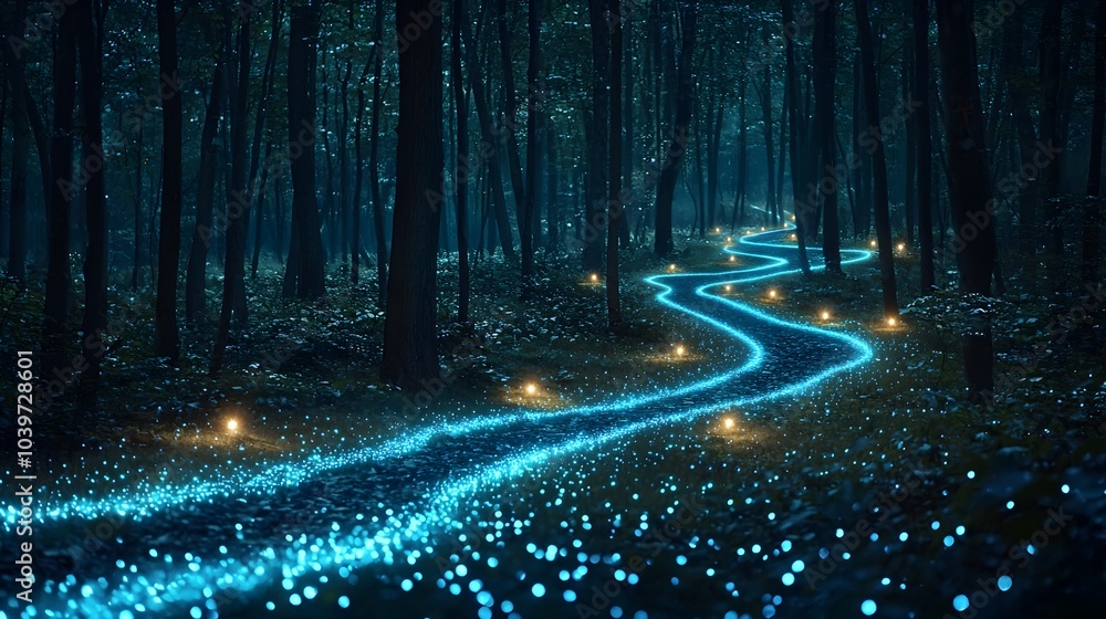Aufkleber glowing mesh paths outlining hidden animal trails in an enchanting dreamlike forest landscape with a