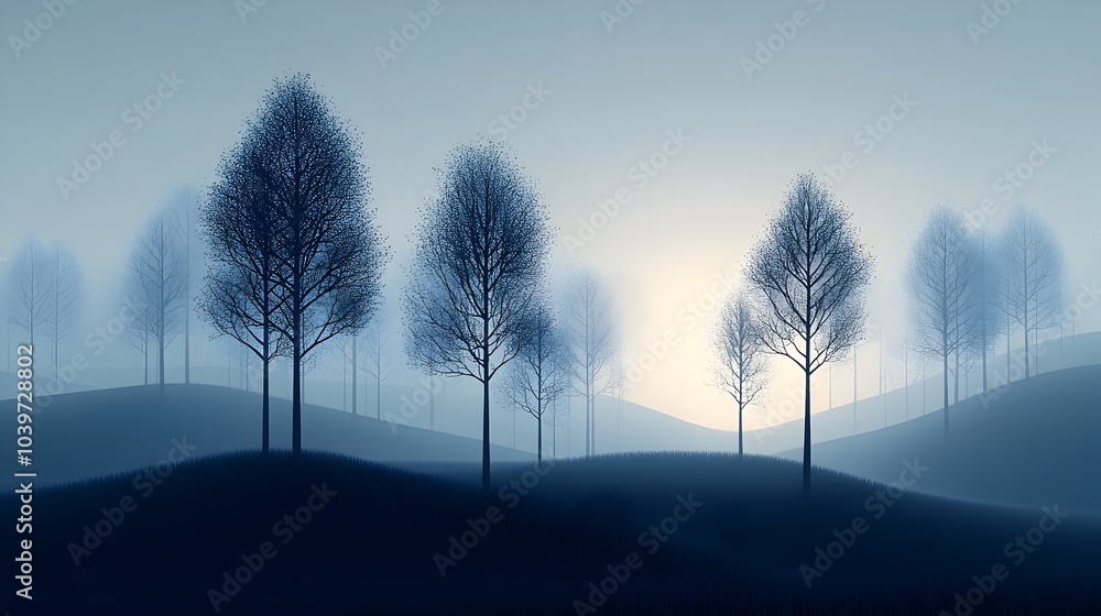 Aufkleber Glowing mesh outlines of trees against a misty atmospheric forest landscape at twilight  The modern minimalist design creates a moody ethereal and mystical visual effect