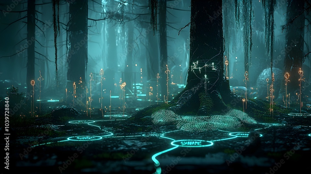 Poster glowing mesh paths wind through a captivating forest landscape outlining hidden animal trails and cr