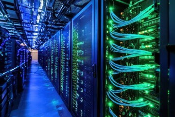 Data center with fiber optic cables glowing in neon blue and green lights connecting rows of powerful supercomputers