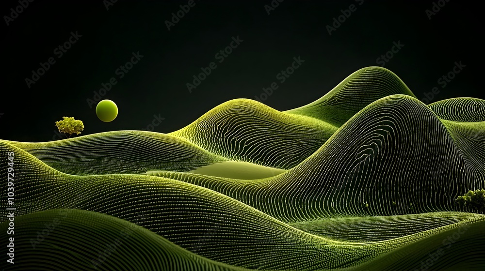 Aufkleber Glowing mesh patterns simulating the seasonal growth and change of plant life across rolling hillsides in a dynamic organic digital landscape