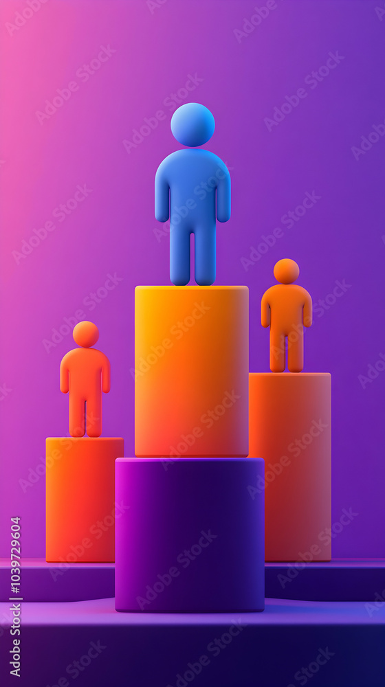 Poster 3d rendered colorful abstract background with figures standing on podiums