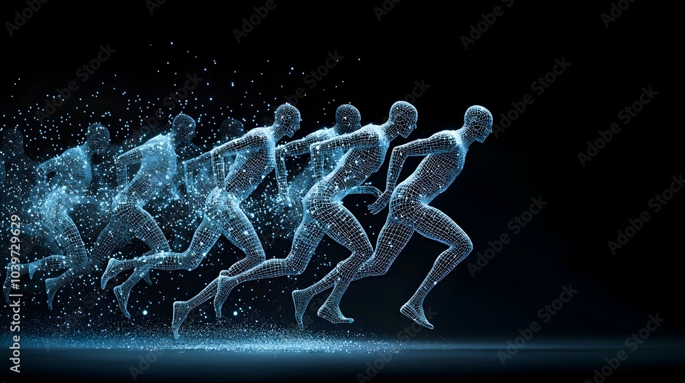 Poster glowing mesh patterns tracing the fluid and dynamic movement of athletes as they race the abstract a