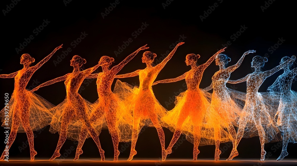 Poster glowing mesh patterns tracing the fluid graceful movements of traditional performers on stage creati