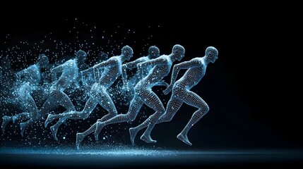 Glowing mesh patterns tracing the fluid and dynamic movement of athletes as they race  The abstract and futuristic design suggests the use of technology to track and visualize athletic performance