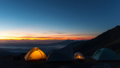 Group of adventurer tents during overnight camping site at the beautiful scenic sunset view point over layer of mountain for outdoor adventure vacation travel concept isolated with white highlights,