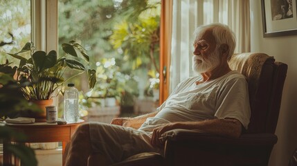 Thinking, relax and senior man on a chair at nursing home 
