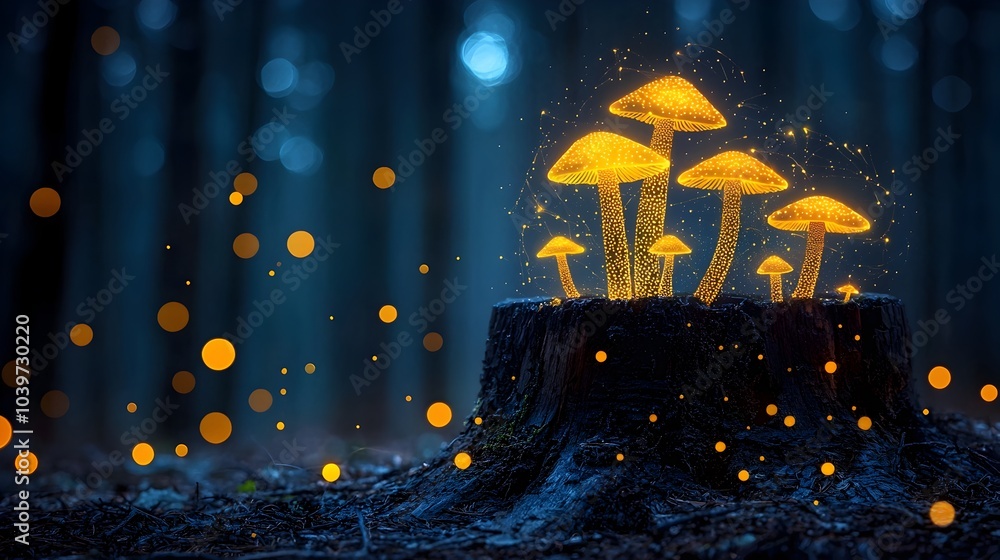 Poster glowing mesh spirals enveloping wild mushrooms growing on a decaying tree stump in a mystical ethere