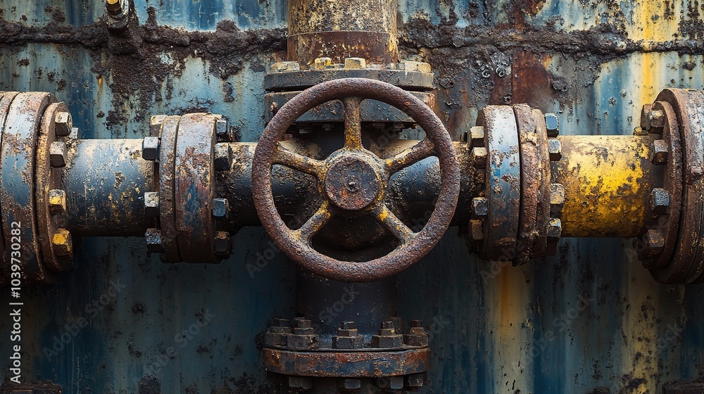 Poster Industrial Rusty Valve with Gears and Pipes