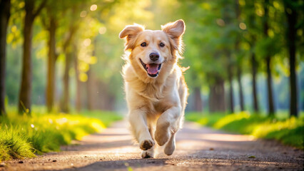 playful Golden Retriever dog runs through a picturesque pathway, its golden fur shimmering in the sunlight.