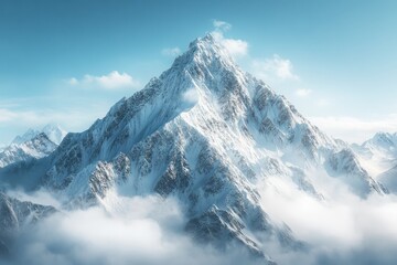Obraz premium Majestic snow-covered mountain peak rising above clouds on a clear and sunny day