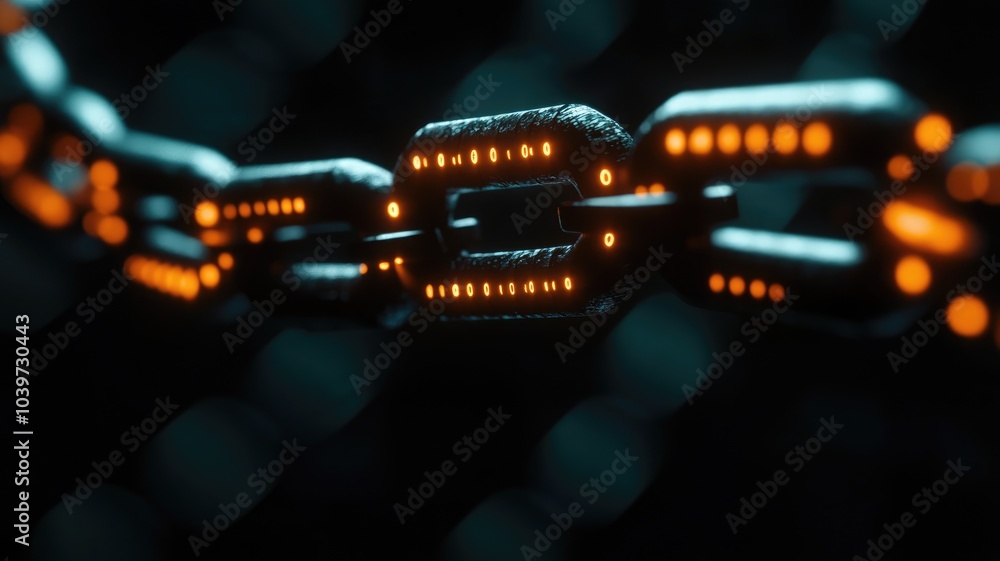 Poster close-up of illuminated digital chain link in dark background