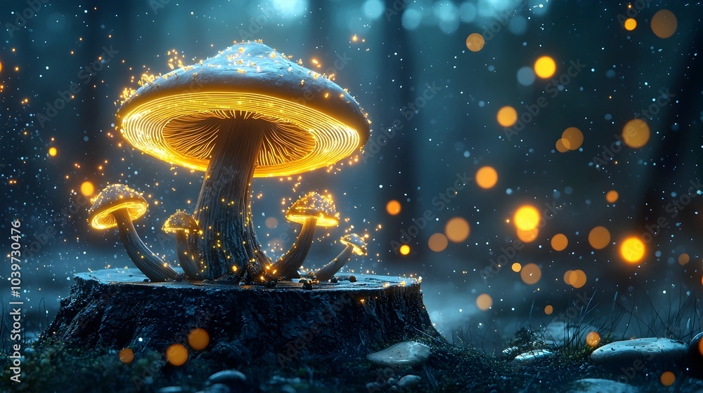 Aufkleber Glowing mesh spirals intertwine and envelop a cluster of vibrant otherworldly mushrooms growing on a weathered ancient tree stump  This captivating surreal scene evokes a sense of magic wonder