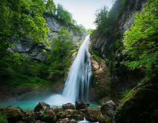 Fototapeta premium Una cascada desde gran altura, entre rocas y follaje verde, desembocando en un lago