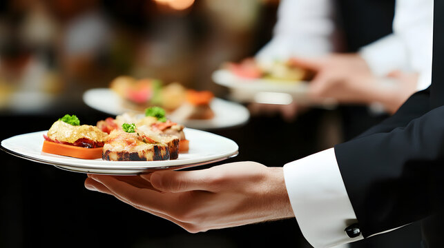 Close-up of waitstaff in formal attire holding plates of assorted appetizers, capturing the sophistication and attentive service of a formal gathering.