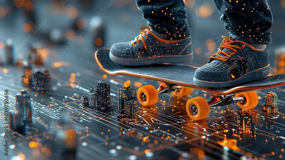 Aufkleber Glowing mesh trails following a skateboarder as they execute thrilling tricks and stunts within an urban futuristic environment with digital illuminated elements