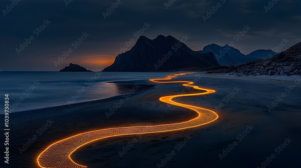 Aufkleber glowing mesh trails tracing ethereal footsteps on a serene beach at the tranquil sunrise creating a 