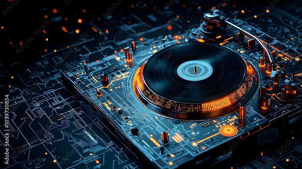 Poster glowing mesh turntable spinning with vibrant light waves for dynamic music experience abstract digit