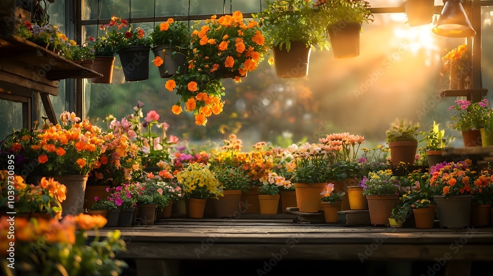 Aufkleber glowing mesh vines delicately hanging from the ceiling of a lush thriving greenhouse filled with a v