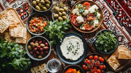 Fototapeta premium A table spread with an assortment of Mediterranean appetizers, including olives, tomatoes, cheese, crackers, and fresh herbs.