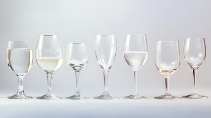 Fototapeta premium Various empty wine glasses arranged in row on white background