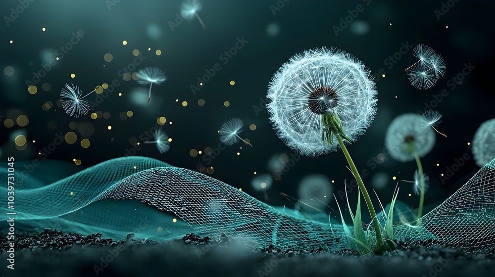 Poster glowing mesh waves of light gently surrounding and guiding ethereal dandelion seeds as they drift we