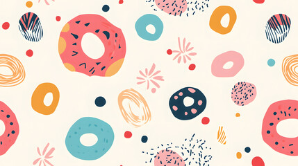 playful seamless pattern featuring abstract donut shapes and various decorative elements on a light background. Ideal for wallpapers, fabrics, and creative designs.