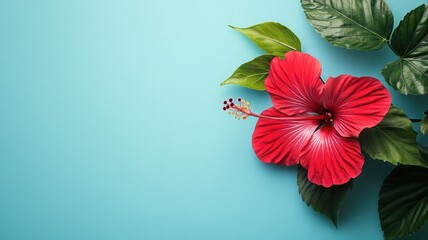 Obraz premium Vibrant red hibiscus and lush green leaves against turquoise background
